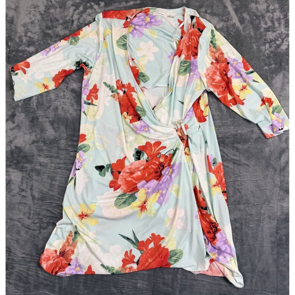 Calvin Klein Womens Floral Wrap Dress Size L Red/Purple/Yellow Flowers